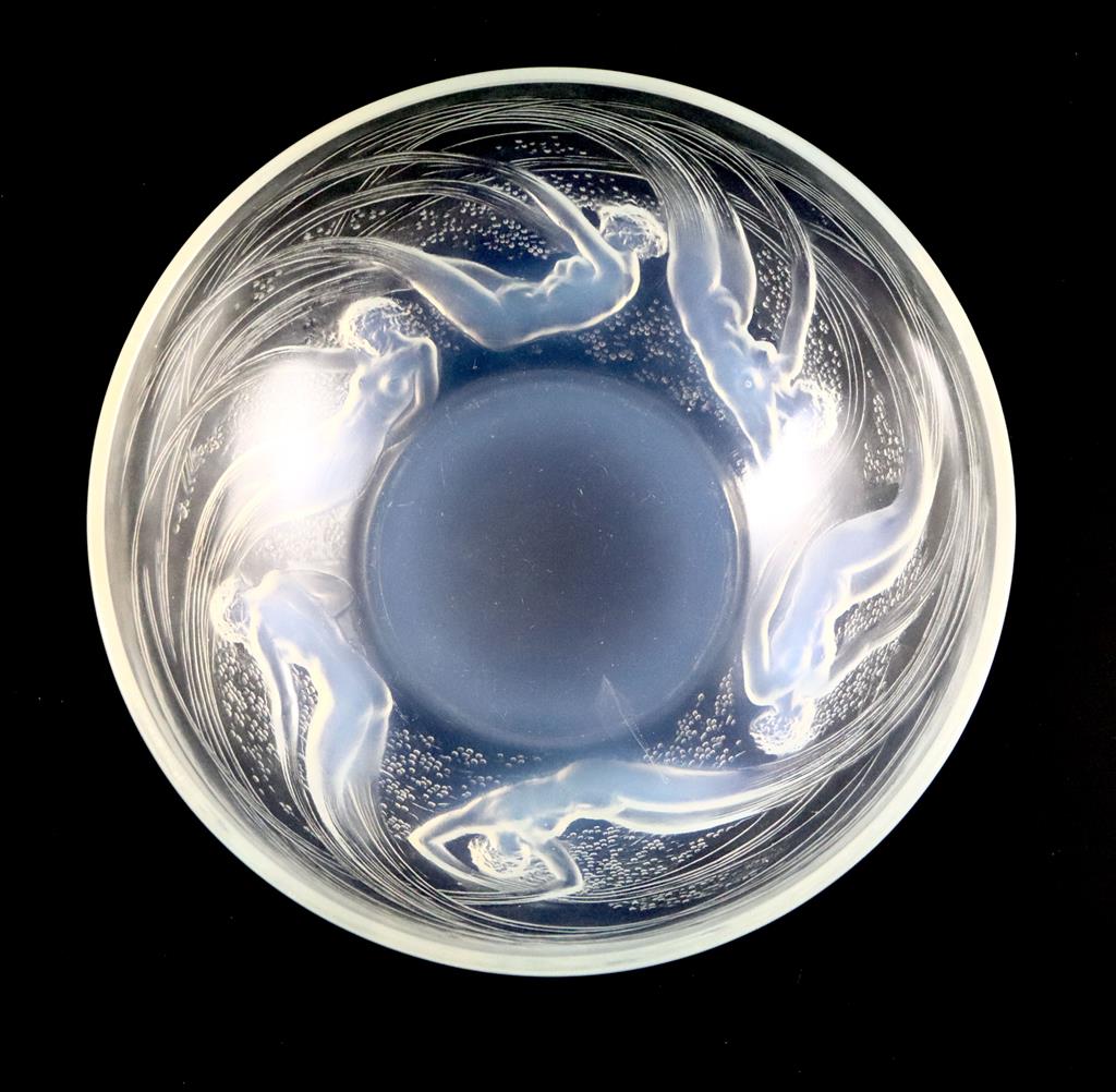 René Lalique. A pre-war opalescent glass Ondines pattern bowl, no.380, designed in 1921, 21cm diameter